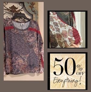 Chic Paisley Print Blouse in Red and Gray. Excellent Condition NWOT Size XL